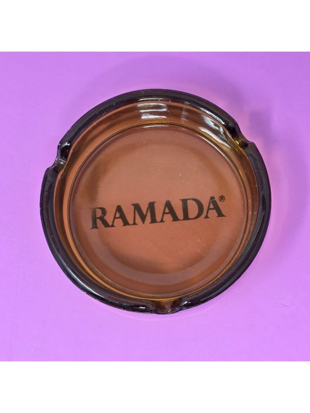 Vintage Amber Glass Ramada Logo Ashtray With Cigarette Rests Mid-Century Design